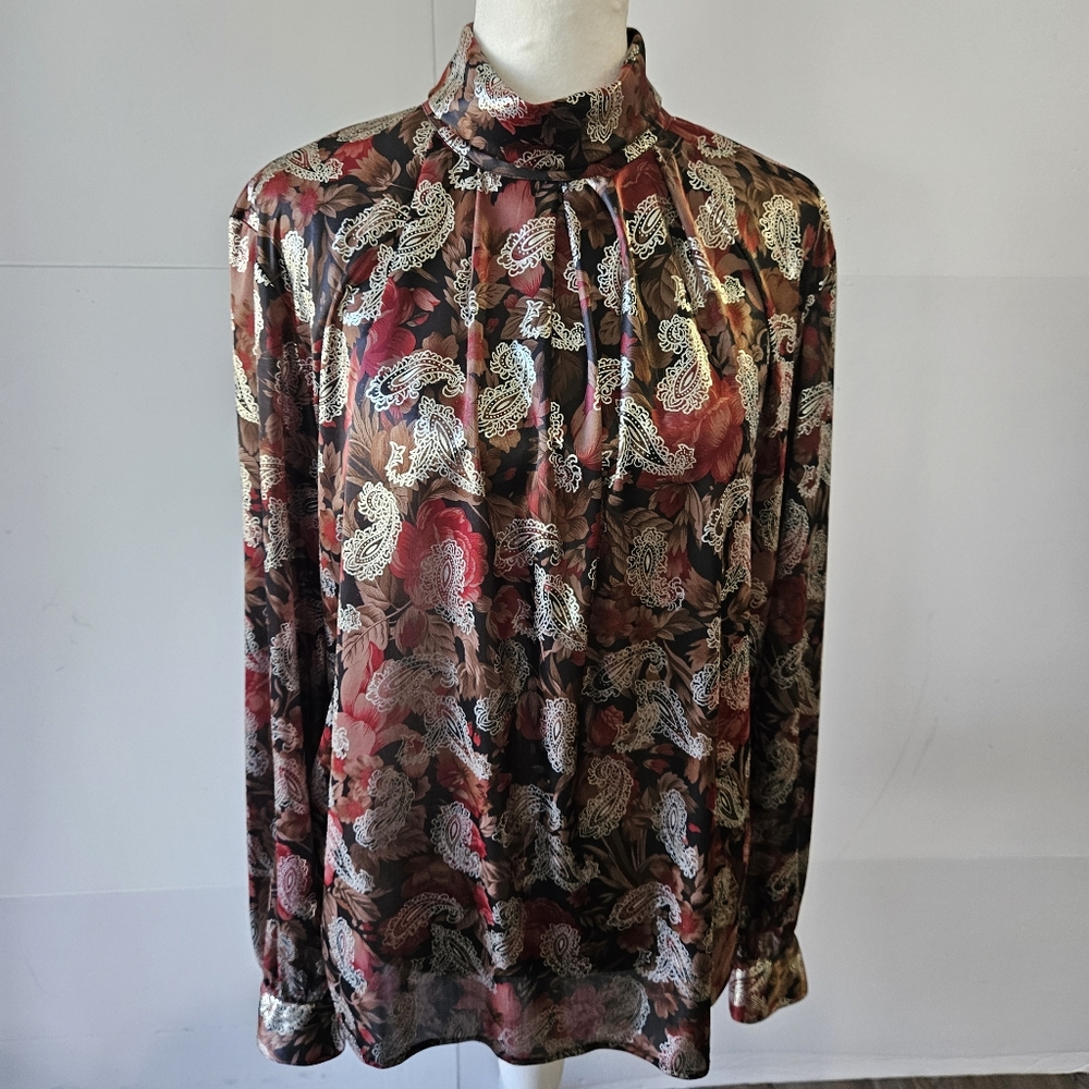 Dina Ariel Size S Polyester Brown Rust Silver Floral Leaf Print Blouse with Butt